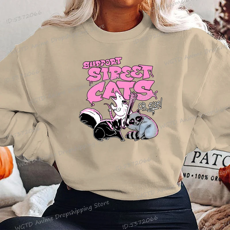 Unterstützen Sie Street Cats or Else Damen-Sweatshirts Waschbär Street Cats Cartoon-Sweatshirt Lustige Tier-Waschbär-Liebhaber Lässige Hoodies