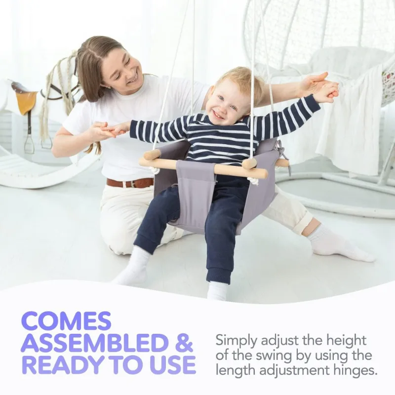 キャンバスベビーブランコ 木製ハンギングシート トープグレー 安全ベルト 取り付け金具 室内/屋外 キッズスイングチェア