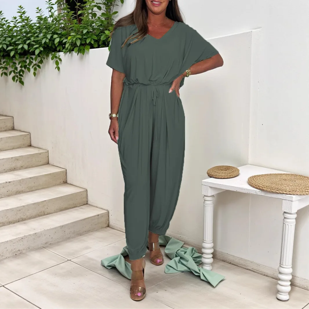 2025 Summer Commuting Women New Lace-up V-neck Jumpsuit Loose And Comfortable Solid Color Womens Go Out Versatile Style Jumpsuit
