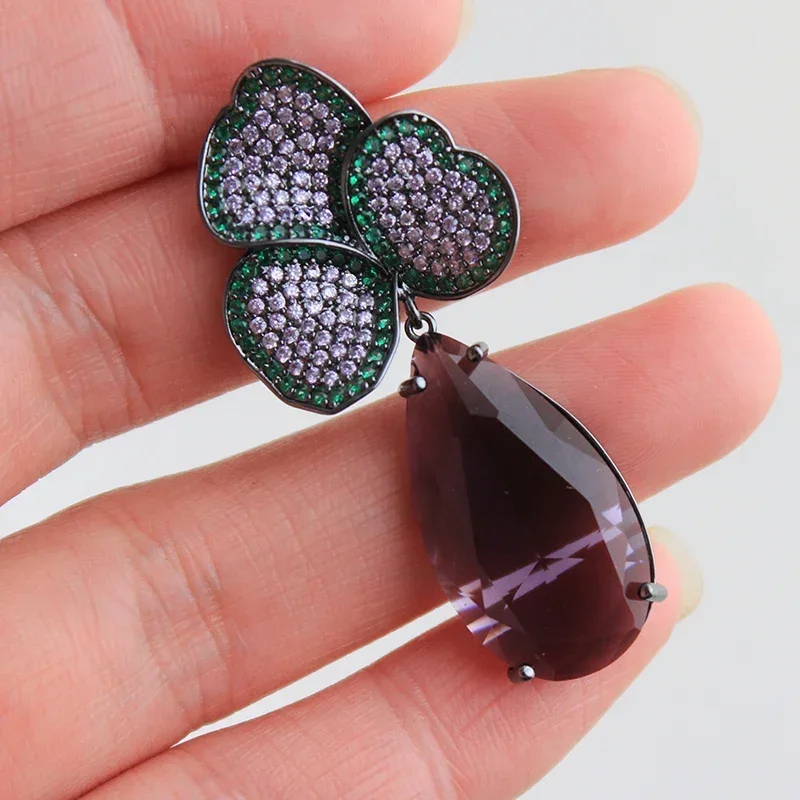 Wedding Party Luxury Jewelry Earrings for Women Zircon Dark Purple Water Drop Flower Dangle Earrings Female Gift Wife