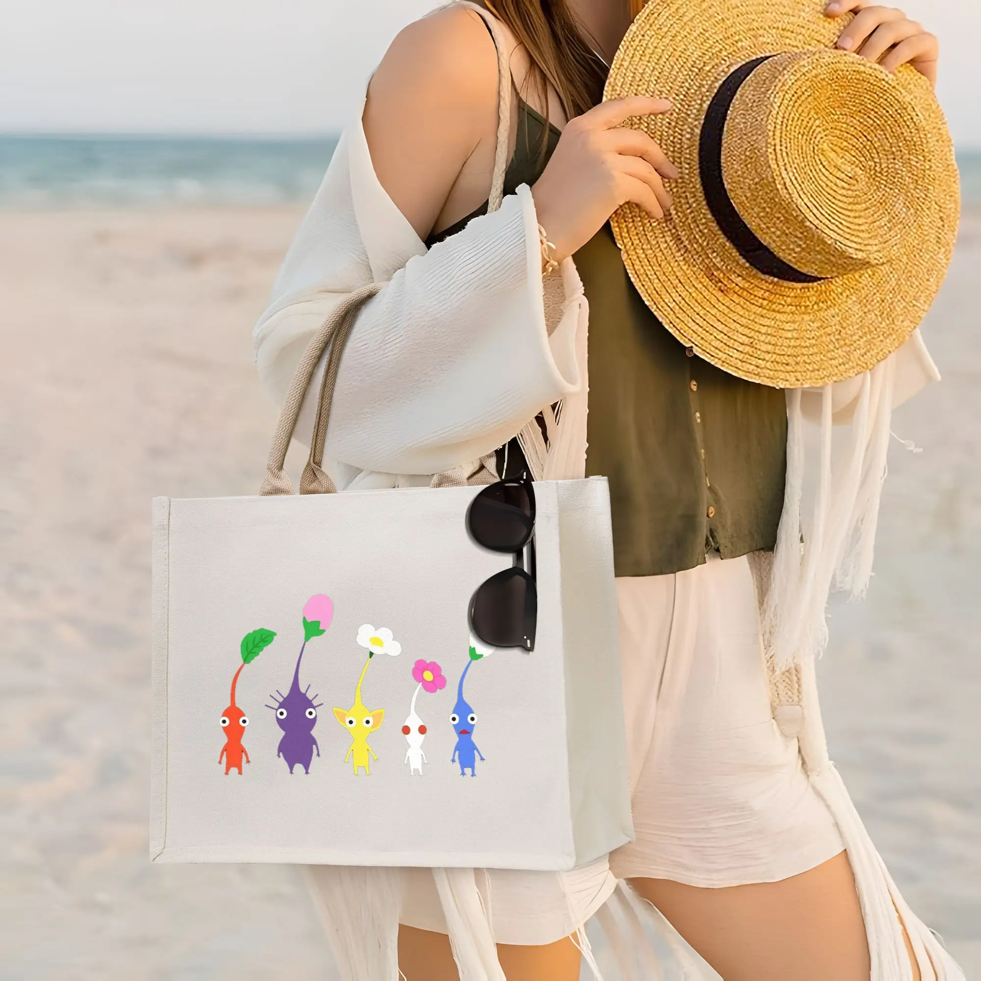 

Симпатичные синие сумки для покупок с рисунком Пикмин, холщовая сумка-тоут, многоразовая сумка-тоут для женщин, дорожная сумка через плечо