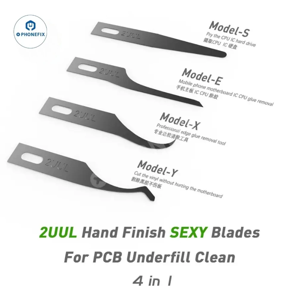 2UUL 4 in 1 Rework Blades Set Phone Repair Motherboard CPU PCB Underfill Clean Glue Removal Blade IC Chip Scraper Pry Knife Tool