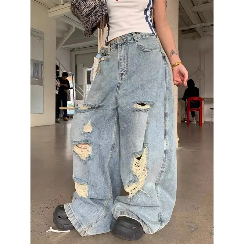 

Женские синие рваные джинсы ZHIZOU в стиле Y2K, широкие джинсы в стиле гранж, винтажные джинсы 90-х, оверсайз, свободные джинсовые брюки в стиле Харадзюку, альтернативная одежда