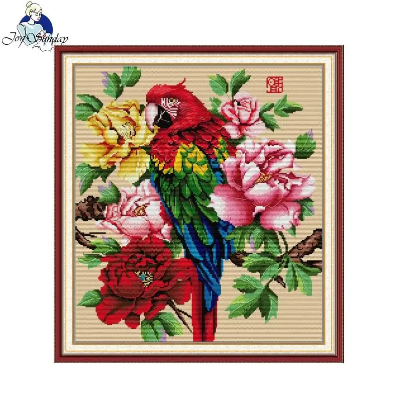 Joy Sunday Beautiful Parrot Pattern Print Cross Stitch Kit Aida 16CT 14CT DIY Folk Craft Needle Hand Embroidery Sets For Gift