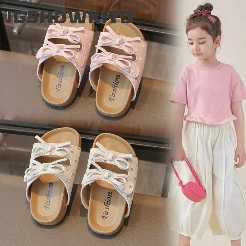 JGSHOWKITO Children Polka Dot Slippers Summer Girls Fashion Slippers with Bow Non-slip Platform Slide Kids Casual Beach Slippers