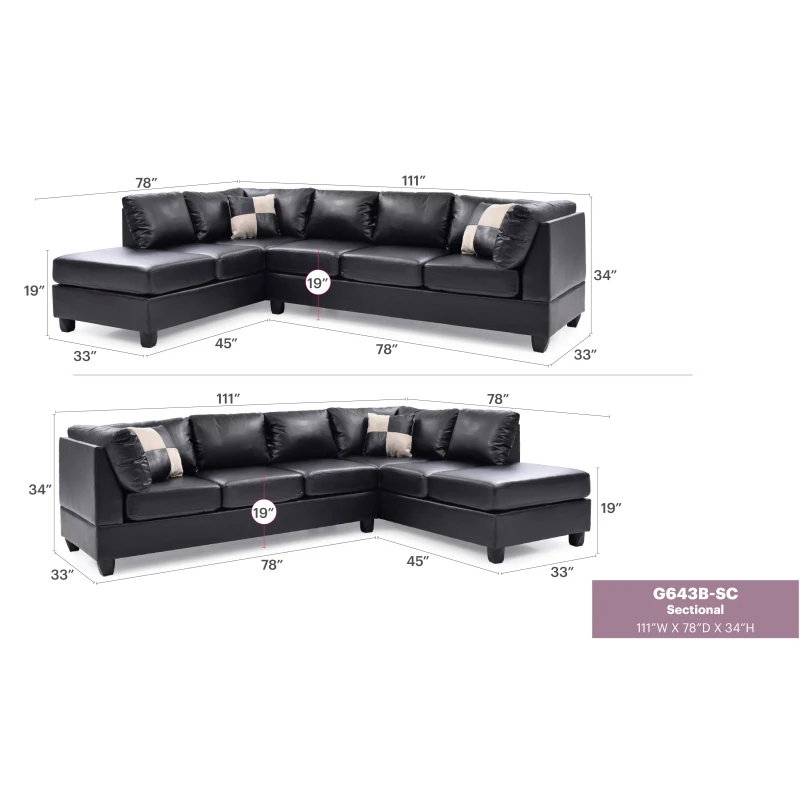 Malone G643B-SC Secional (3 Caixas), PRETO