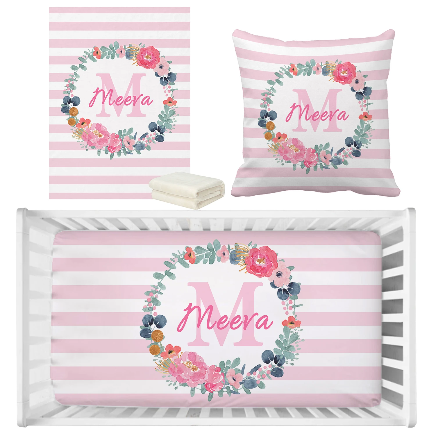 LVYZIHO Spring Flowers Pink Stripe Custom Name Crib Sheet Set, Baby Shower Gift Crib Bedding Set