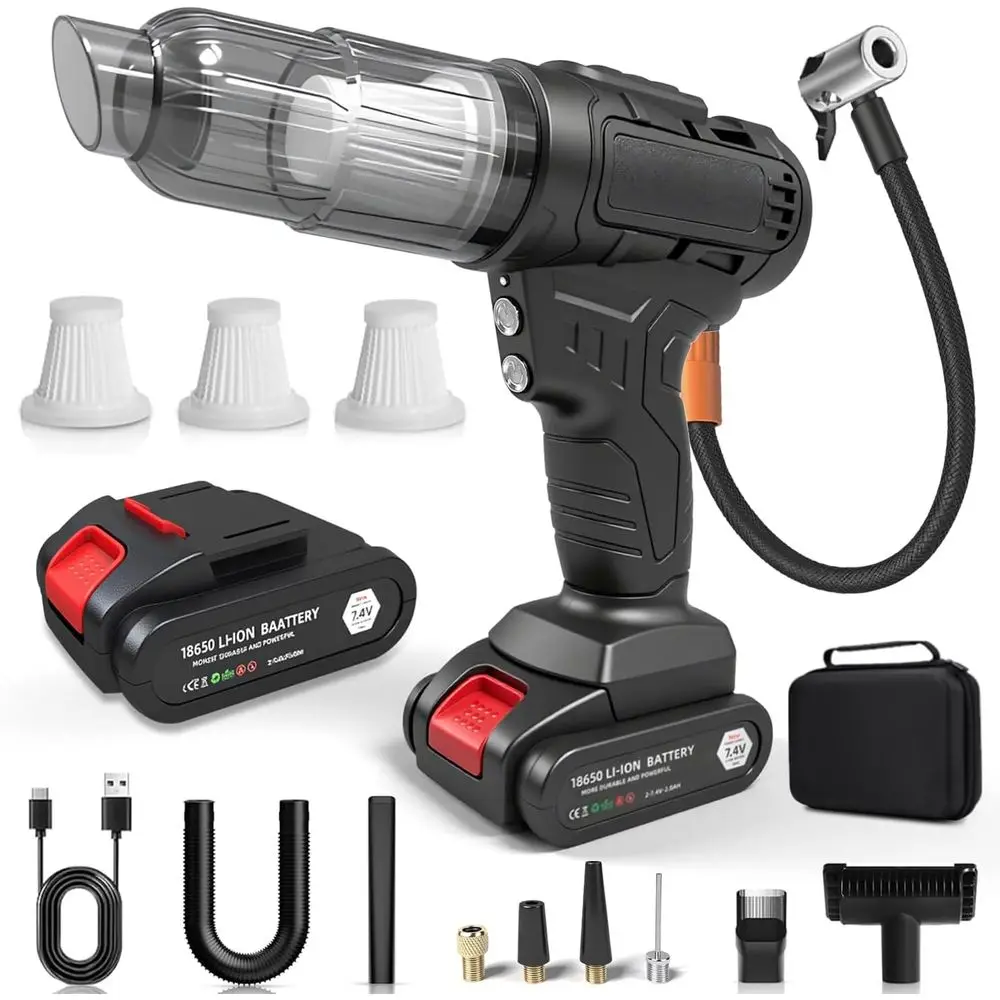 

2 in 1 Cordless Car Vacuum and Air Compressor, 5000PA Powerful Suction & 150PSI Auto-Shutoff Tire Iator, with 3 Filters, LED Lig
