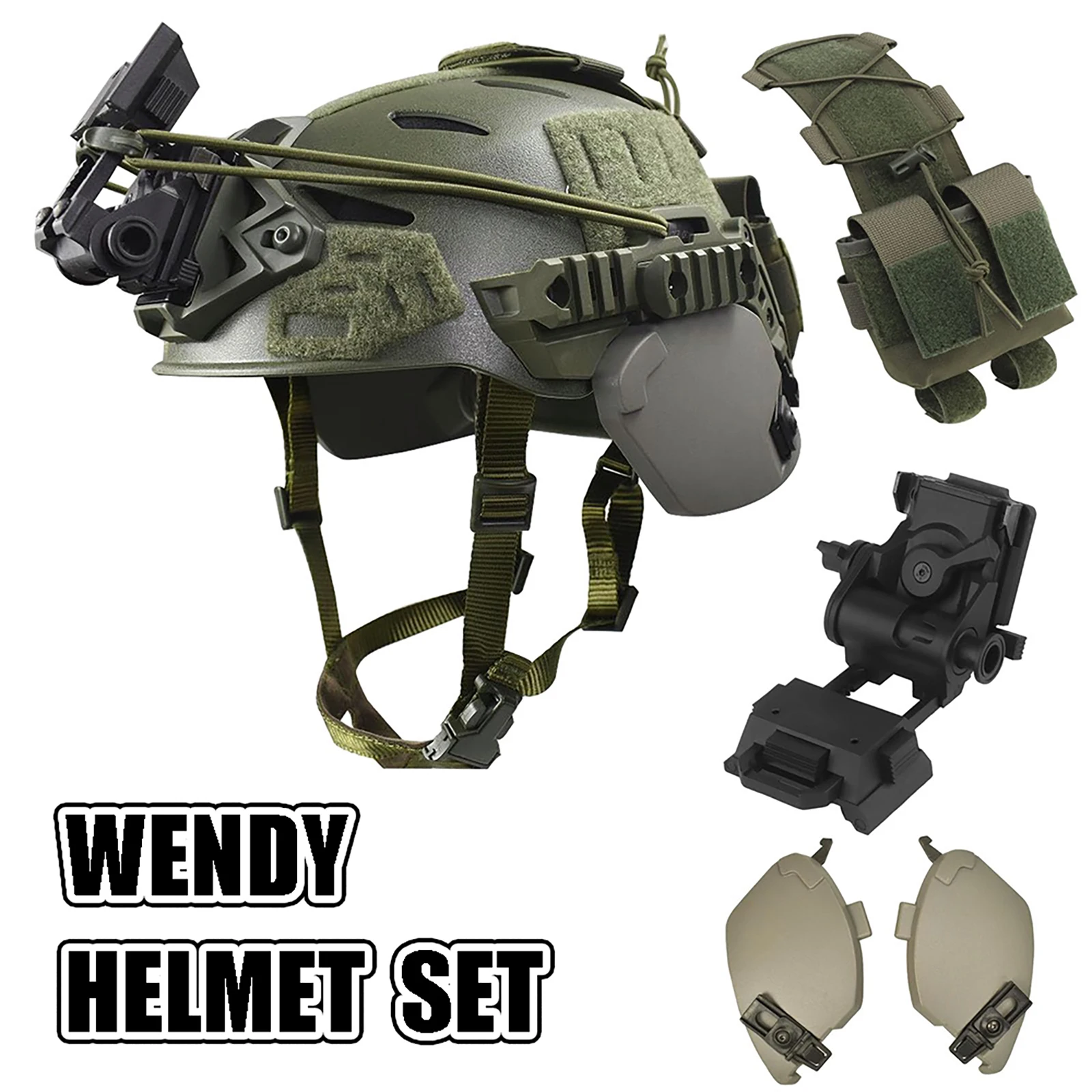 

Wendy Helmet Set with Rail 3.0 Adjustable Chin Strap Protective Ear Side Cover NVG Mount and Tactical Helmet Battery Pouch