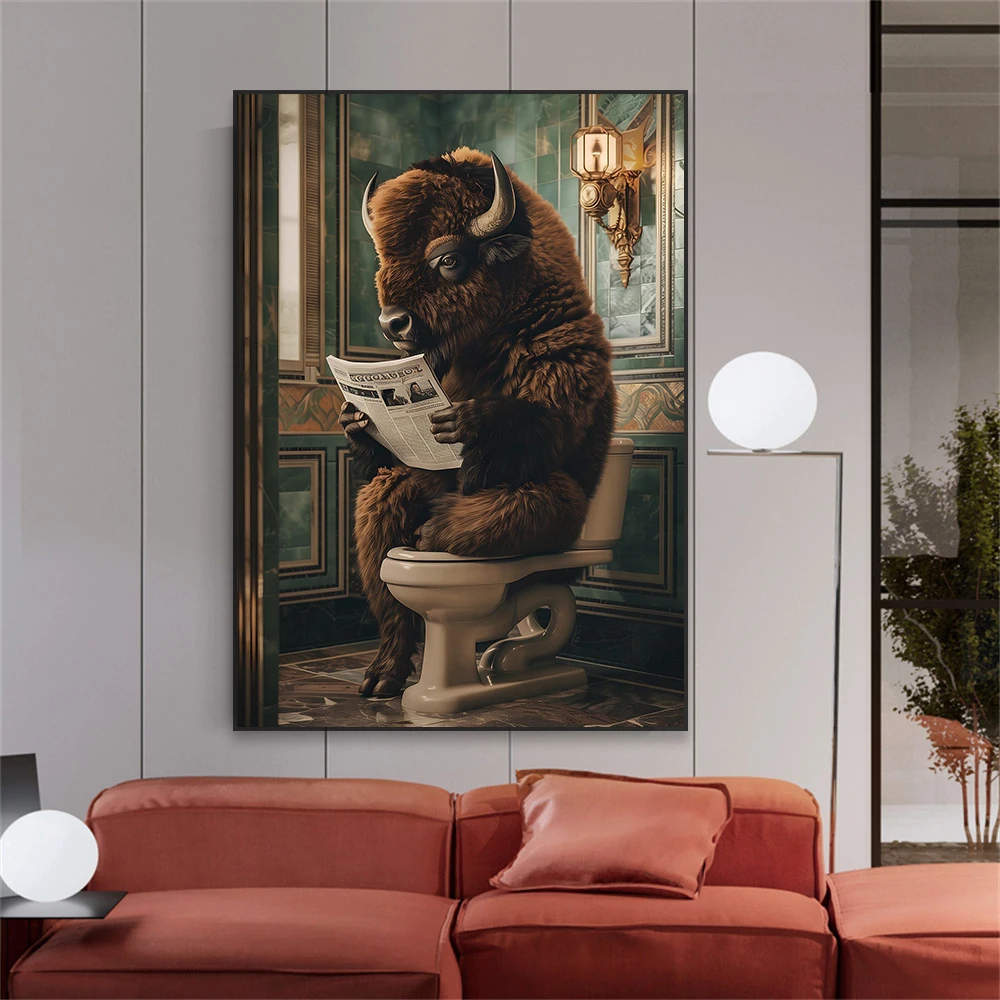 Bison on the Toilet Poster Funny Animal Poster Modern Bathroom Print Bathroom Wall Art Canvas Painting Bathroom Humor Home Decor