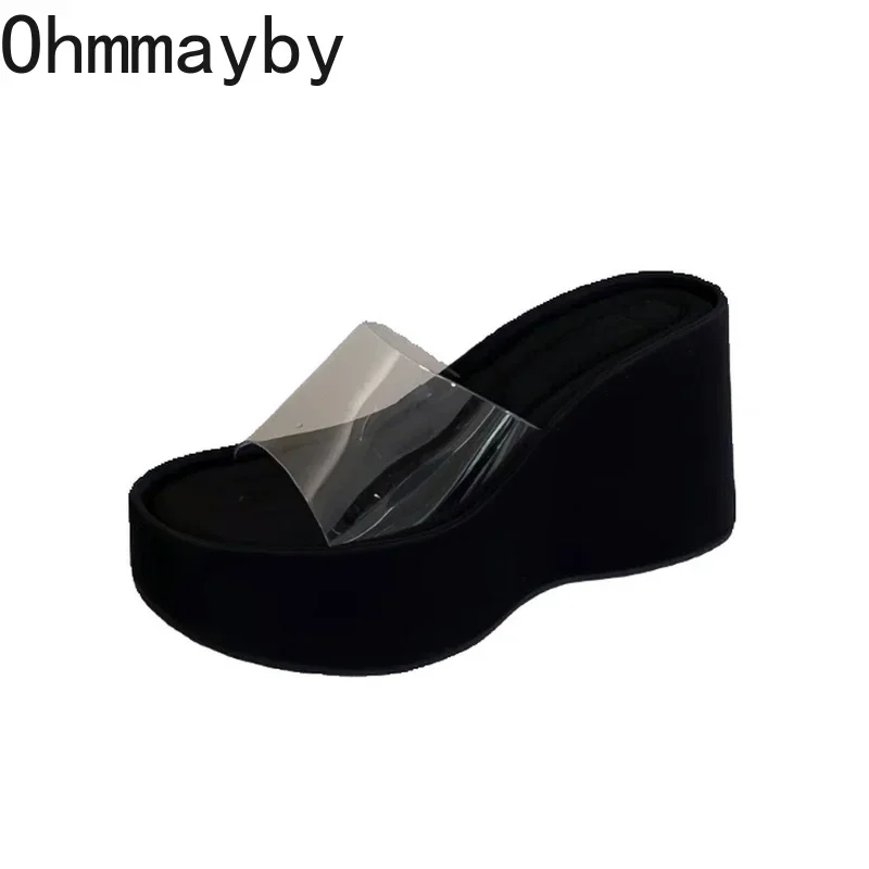 2024 Summer Chunky Woman Slippers Fashion PVC Transparent Platform Wedges Heel Slides Ladies Casual Outdoor Beach Shoes