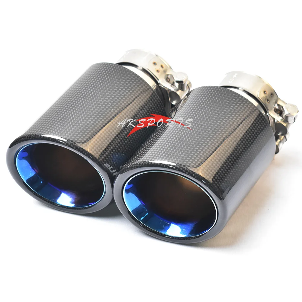 1Pc Car Exhaust Straight Flange Glossy Carbon Tail End Tip Blue Stainless Steel Bevel Muffler Pipe