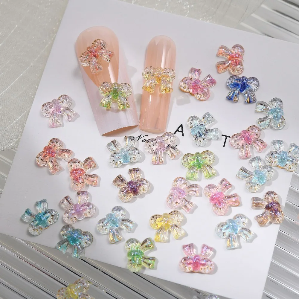 50pcs Ice Transparent Gold Bowtie Nail Art Accessories Cute 3D Acrylic Sparkling Ribbon Bow Diy Nail Hairpin Decor Accessory