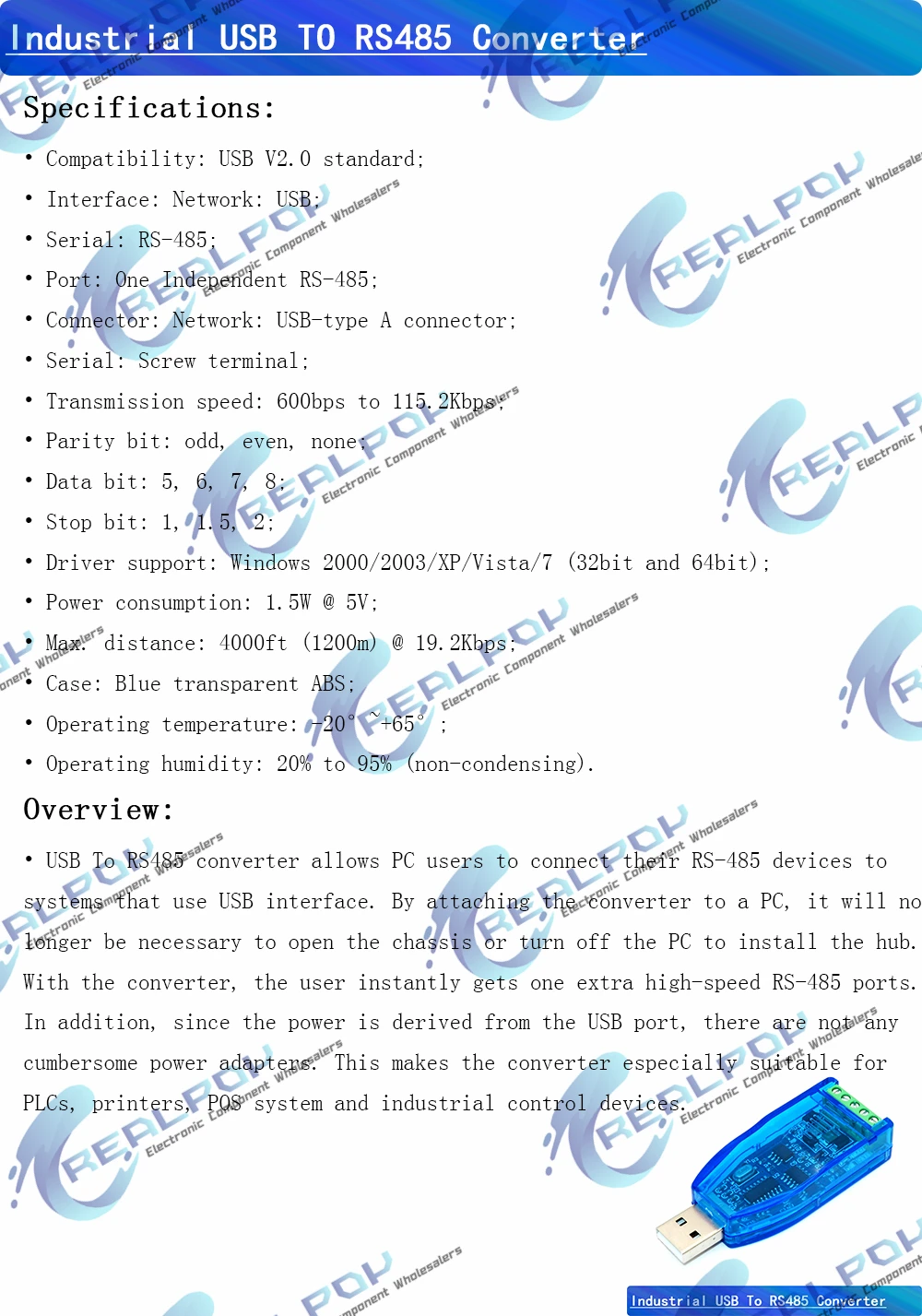 Industrieller USB-zu-RS485-Konverter mit Verbessertem Schutz, RS232-Konverter-Kompatibilität, V2.0-Standard, RS-485-A-Anschluss-Platinenmodul – Detail 1