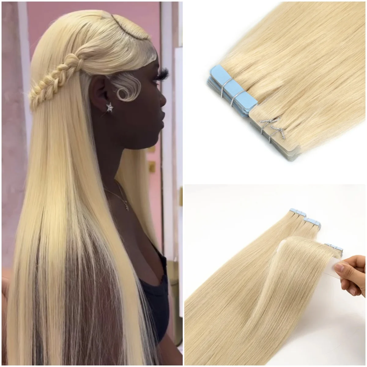 Tape in Hair Extensions 100% Real Human Hair Invisible for Women Straight Natural Blonde 613 Hair on Adhesive Tape for Salon