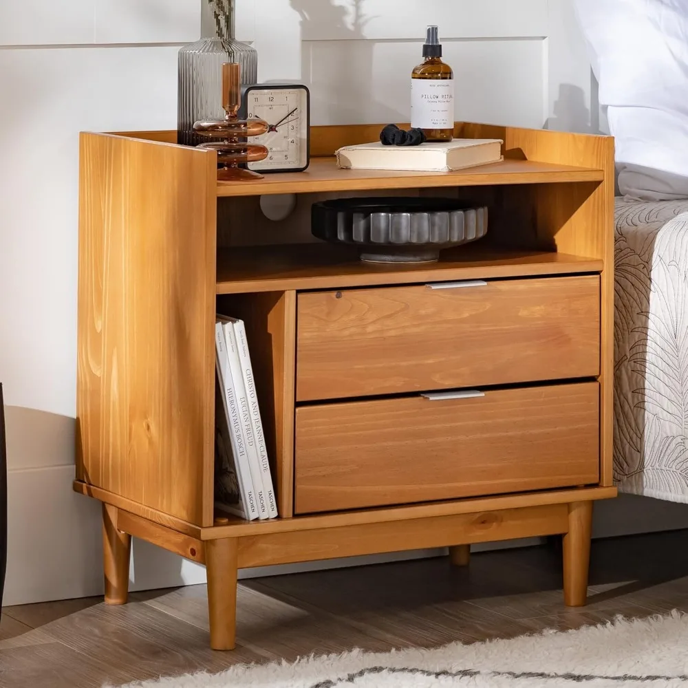 Mid-Century Modern Tray-Top Storage Nightstand, 25 Inch, Caramel