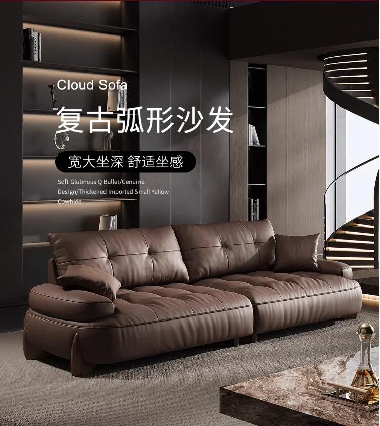 Italian minimalist leather sofa head layer cowhide modern simple retro three-seat living room small apartment leather sofa