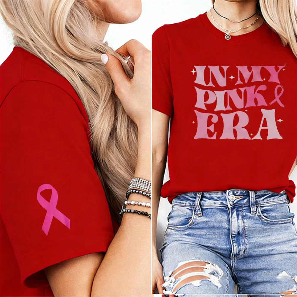 In My Pink Era Letter Print Women T-Shirt Classic Pink Ribbon Cuff Graphic Breast Cancer October Awareness Hope Faith Ladies Tee