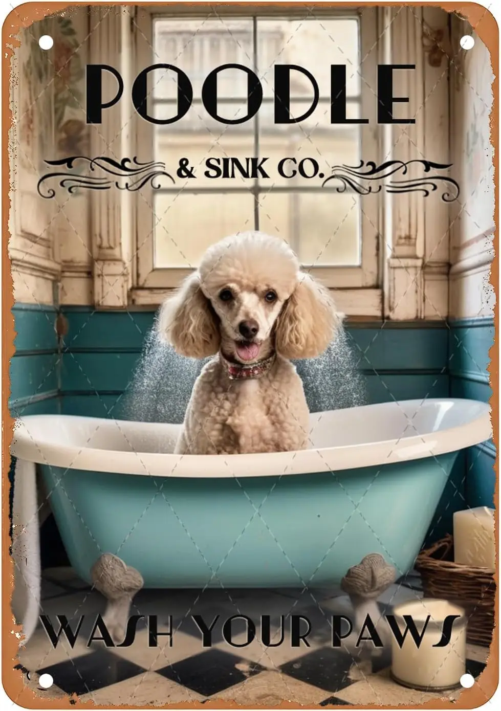 Lustiges Metallschild Pudel-Dekoration „Wasch deine Pfoten“ Hundekunst für Bar, Zuhause, Garten, Café, Kneipe, Badezimmer, Toilette, Wanddekoration 8x12 Zoll