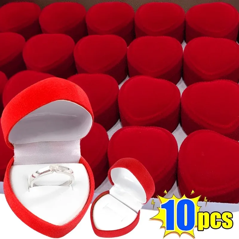 

Romantic Wedding Rings Box Red Flocking Heart Shape Jewelry Boxes Engagement Ring Case Valentine's Day Jewelry Rings Gift Box