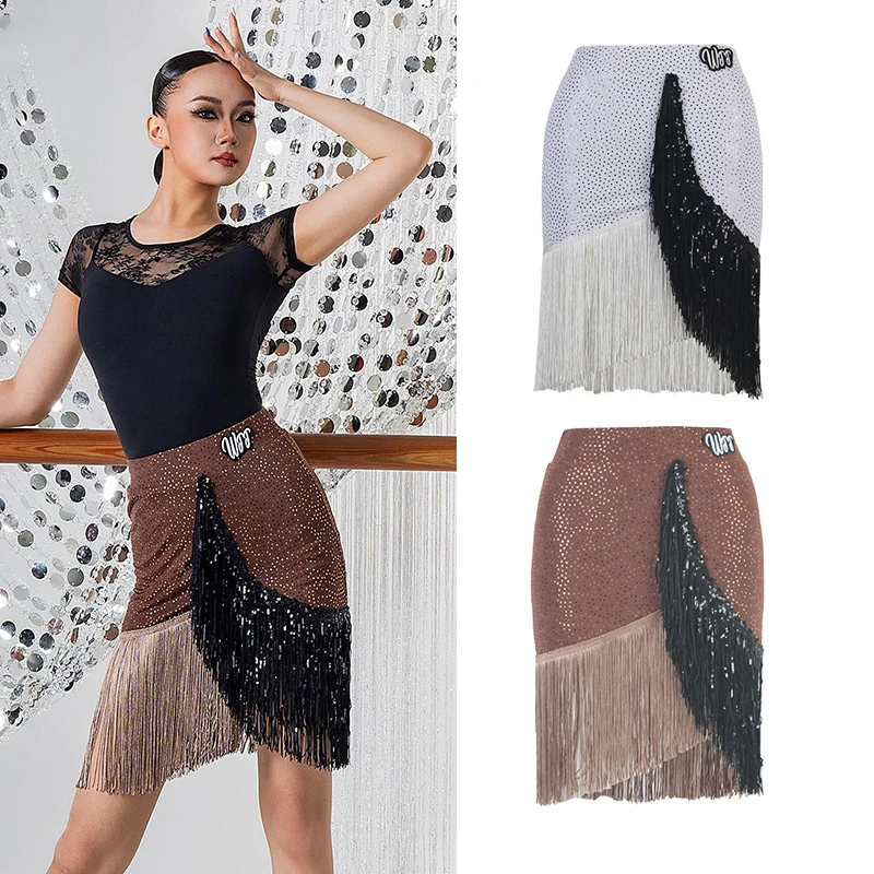 2026 Glue Dots Latin Dance Fringed Skirt Women Chacha Rumba Tango Dance Performance Clothes White Tassel Skirt Adult DNV27401