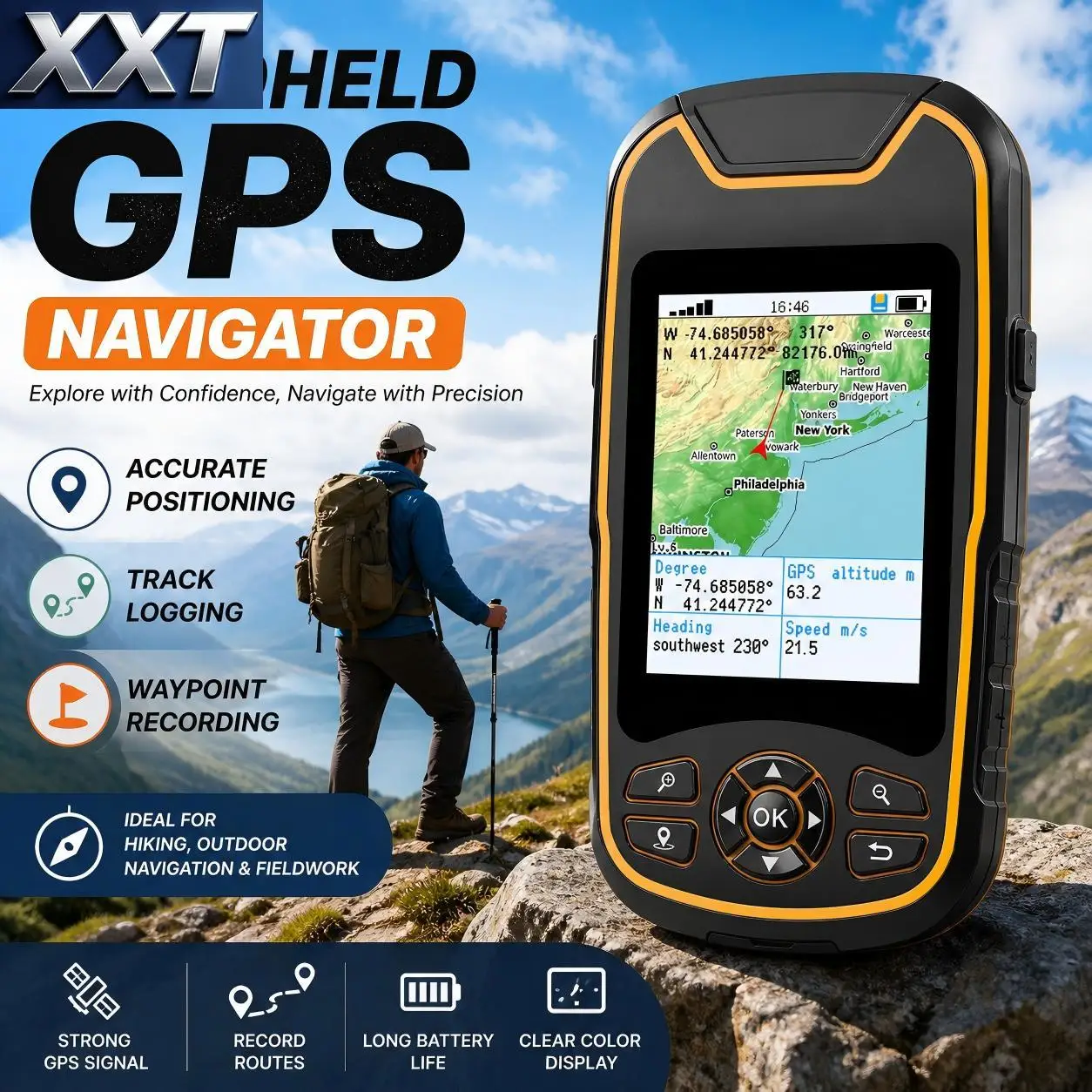 XXT A8 Handheld GPS Navigator with Map Display Route Navigation and Track Logging