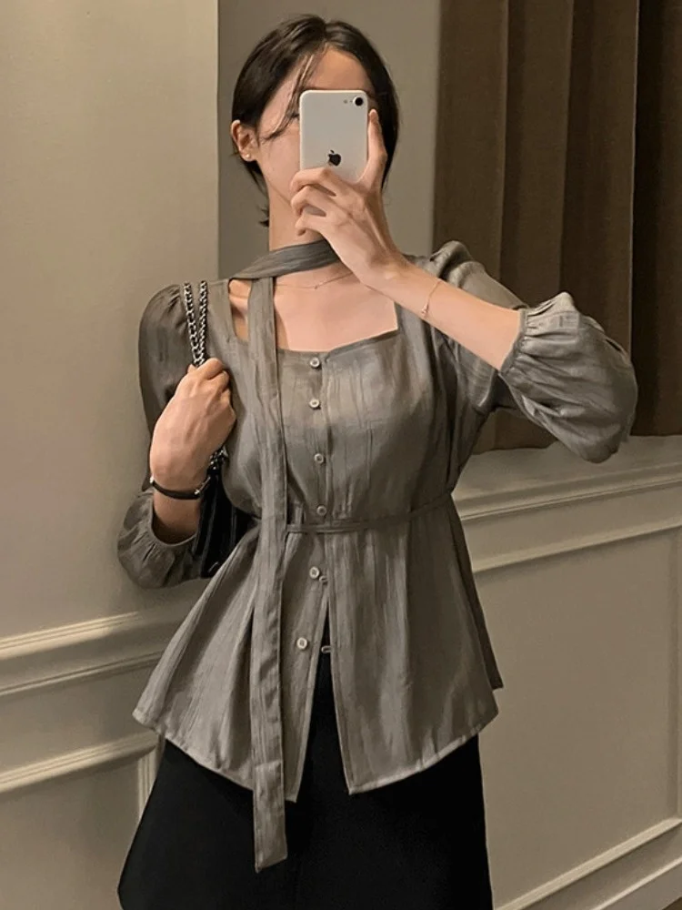 Ele Long Sve Loose da donna con colletto quadrato irt Abbigliamento interno Top Design dimagrante Primavera Autunno Faion Commute Sle