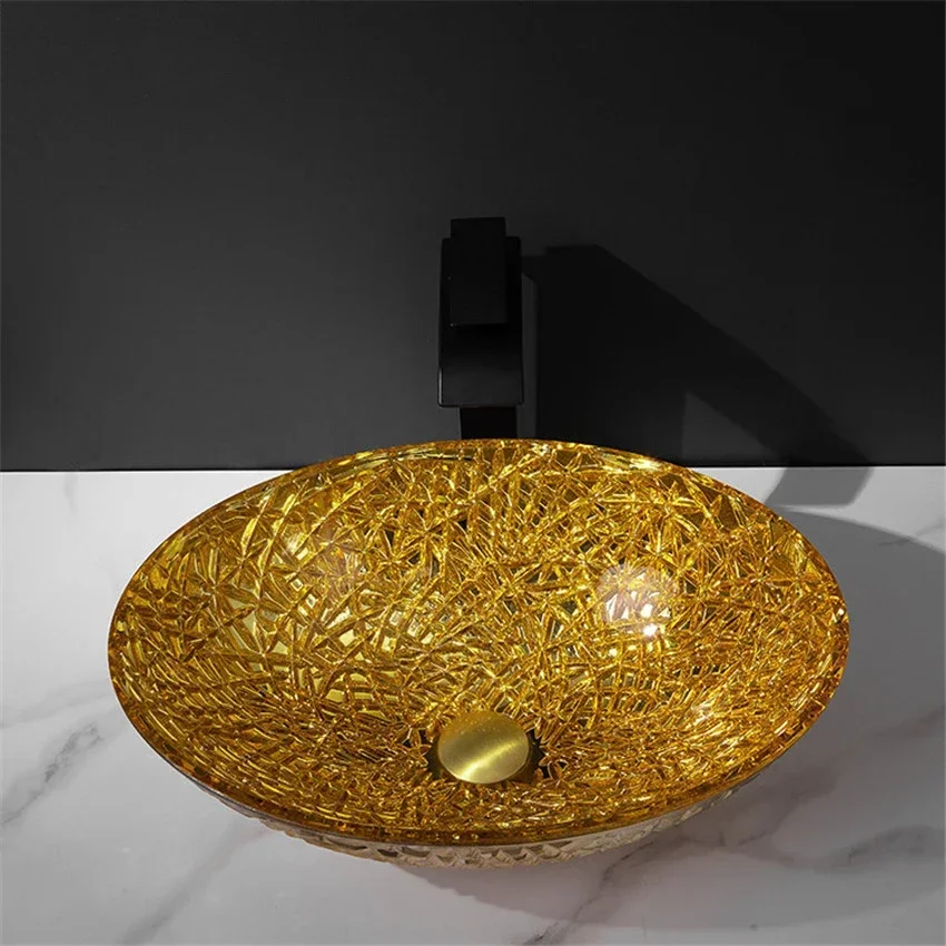 Electroplating Tempered Glass Basin Home Balcony Oval Hotel Golden Glass Basin Wash Basin With Black All Copper Column Faucet