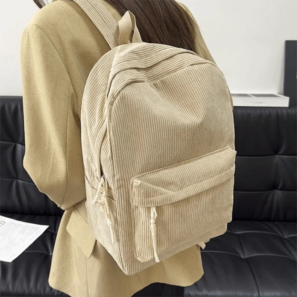Ransel Corduroy Ringan Harajuku Warna Solid Tas Sekolah Siswa Gaya Jepang Kapasitas Besar Tas Ransel Siswa untuk Perjalanan