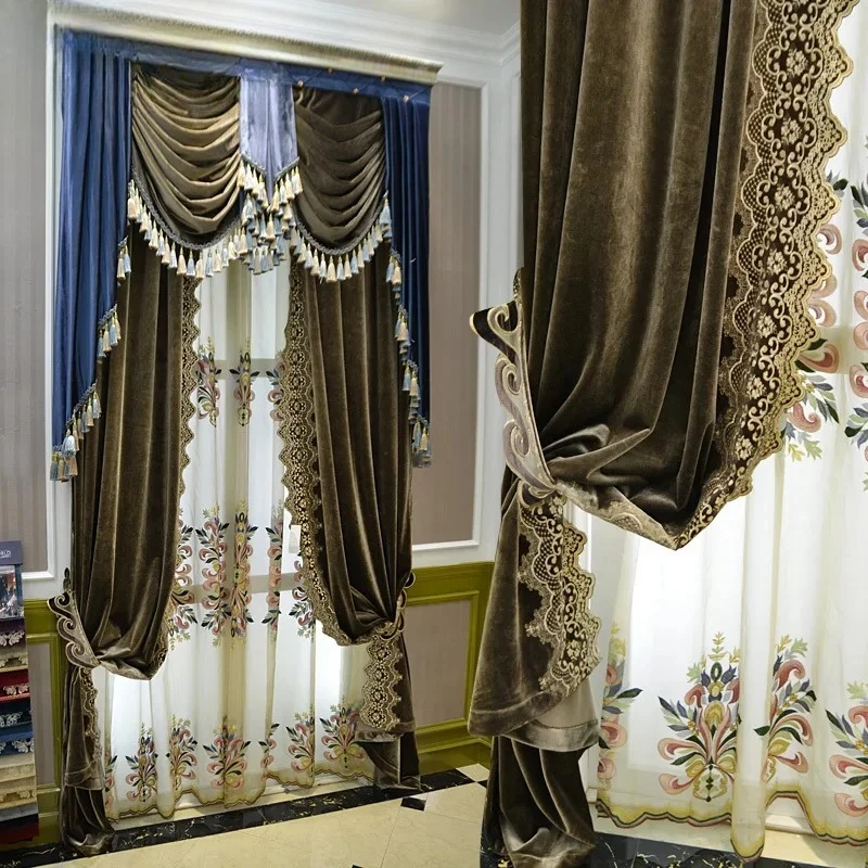 Luxury Classic European Green Embroidered Blackout Curtains For Living Room Bedroom Dining Custom Size Tulle Valance Lace Decor