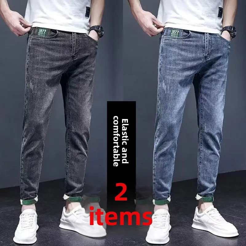 

Men's Slim Fit Casual Jeans Elastic Waist Spring Summer Thin Sle Wear Resistant Water Waed Long Pants mid High Waist