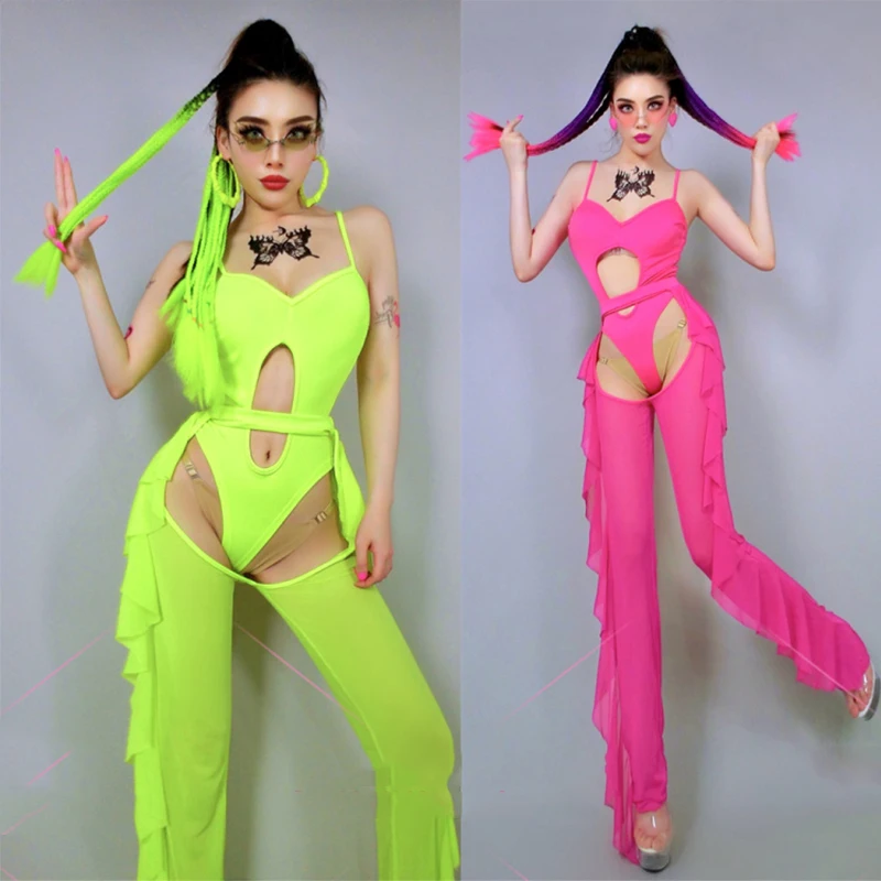 Frauen DJ Kostüm Nachtclub weibliche Gogo Lead Dance Outfit Neon Farbe Bodysuit Kopf bedeckung Bühnenshow tragen Rave Festival Outfit 4091