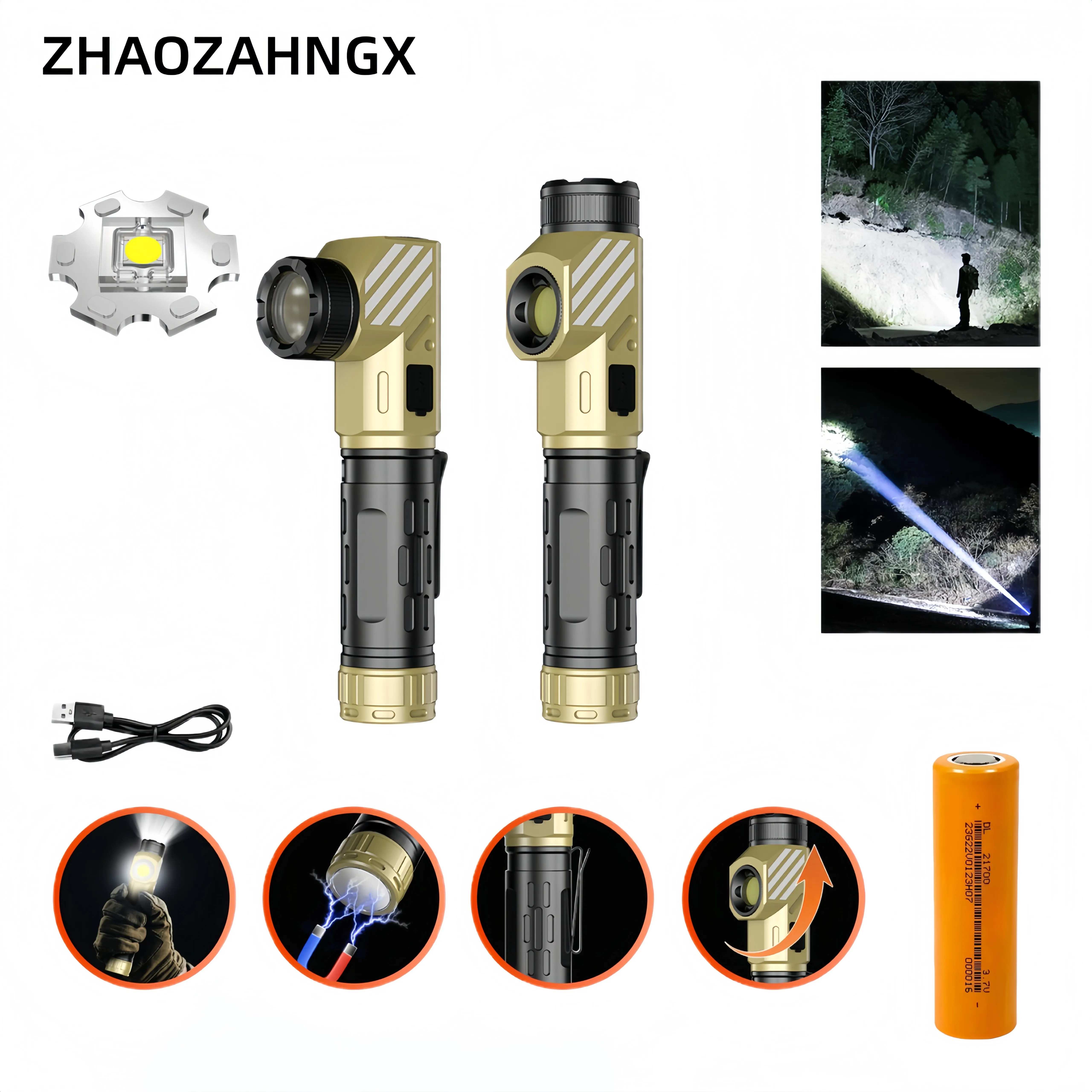 ZHAOZAHNGX 21700 rechargeable L-shaped White Laser Flashlight COB Side Light Portable Multi-functional Pen Clip Work Light