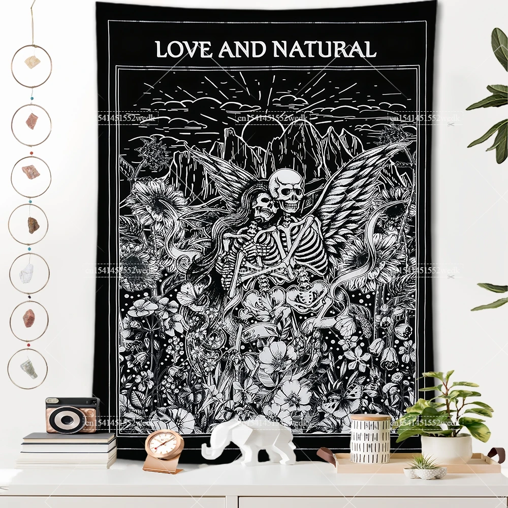 Celestial Skull Lovers Tapestry Floral Skeleton Tapestries Wall Hanging Tarot Tapestry Yoga Meditation Home Decoration Aesthetic