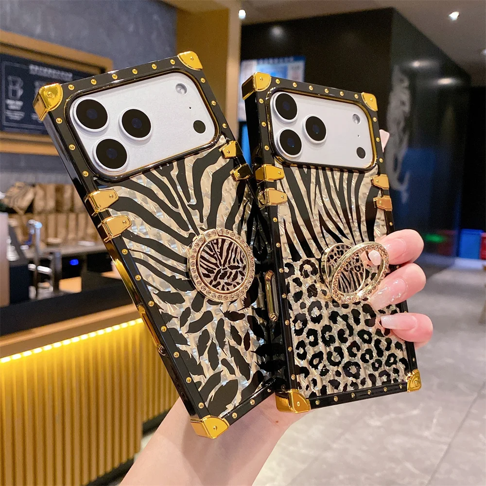 Luxury Leopard Gold Plating Case for iPhone 17 Pro Max/16/15/14/13/12/11/XR/8 Plus Glitter Diamond Ring Stand Cover Funda 17