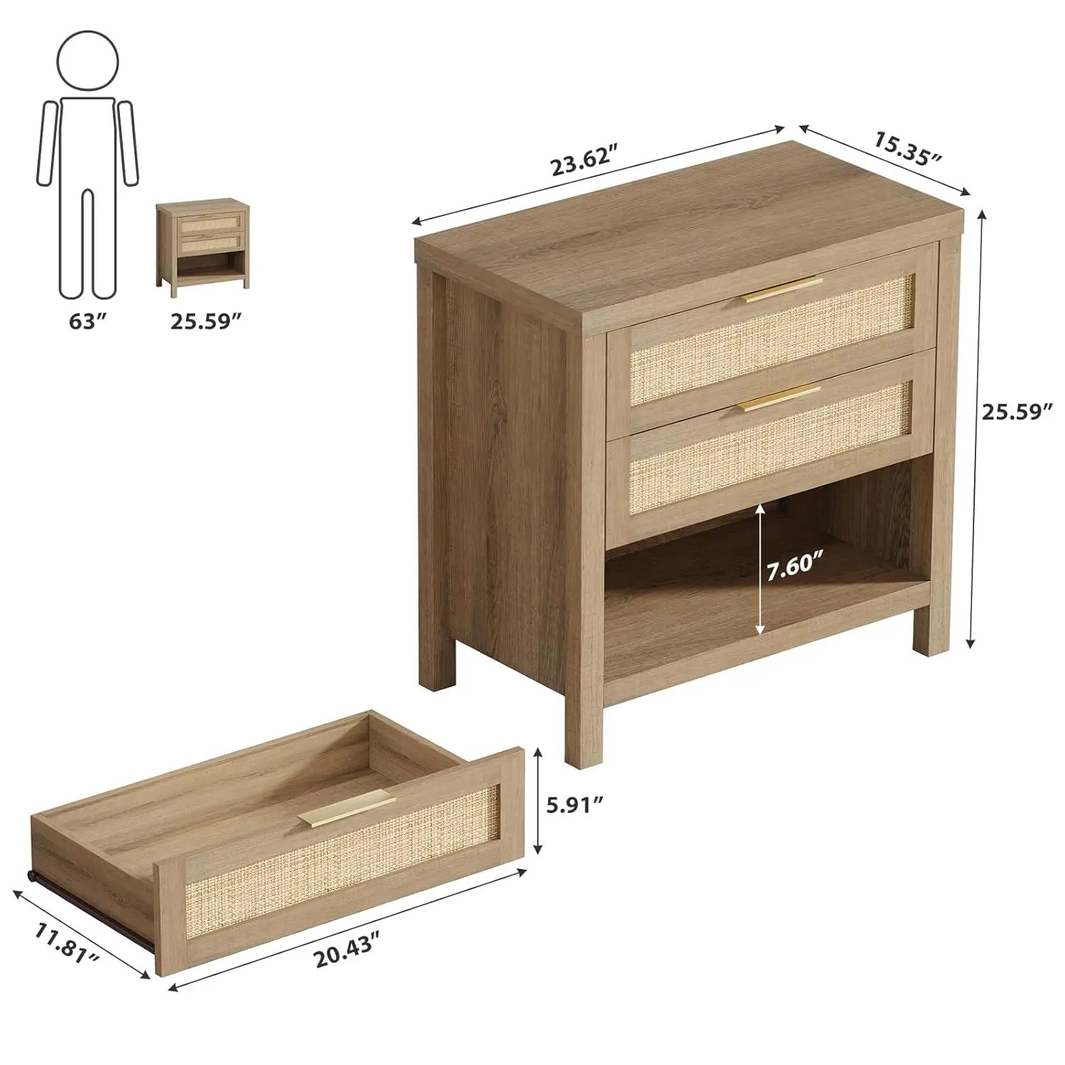 2 Drawer Rattan Nightstand Farmhouse Boho Style, Storage Shelf Bedside End Side Table for Bedroom