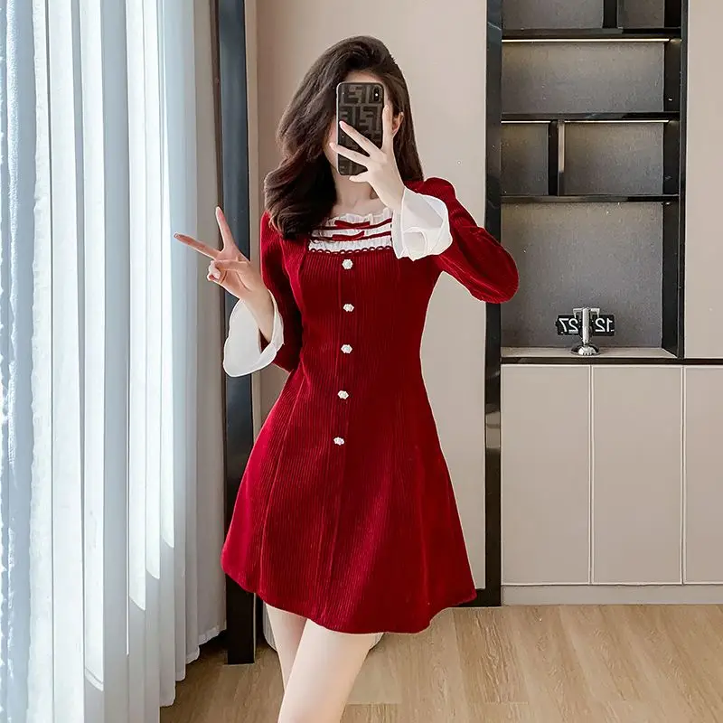 Vintage Square Collar Mini Dress Autumn Winter New Fashion Patchwork Bow Women's Clothing French Style Aura A-Line Waist Dresses