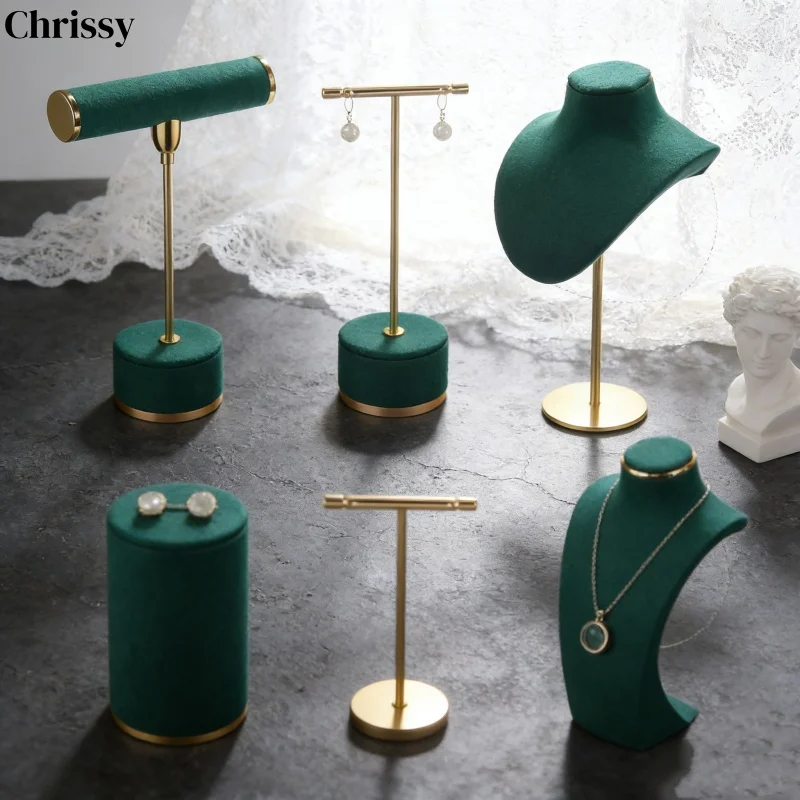 

Luxury Jewelry Display Set: Elegant Green Microfiber Bust, Matching Bracelet Stand and Display Tray, Velvet Organizer