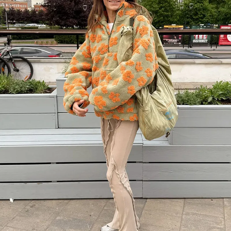 Top caldi da donna con cerniera autunnale per il tempo libero colletto alla coreana pullover stampati floreali nuove felpe da pendolare larghe a maniche lunghe invernali