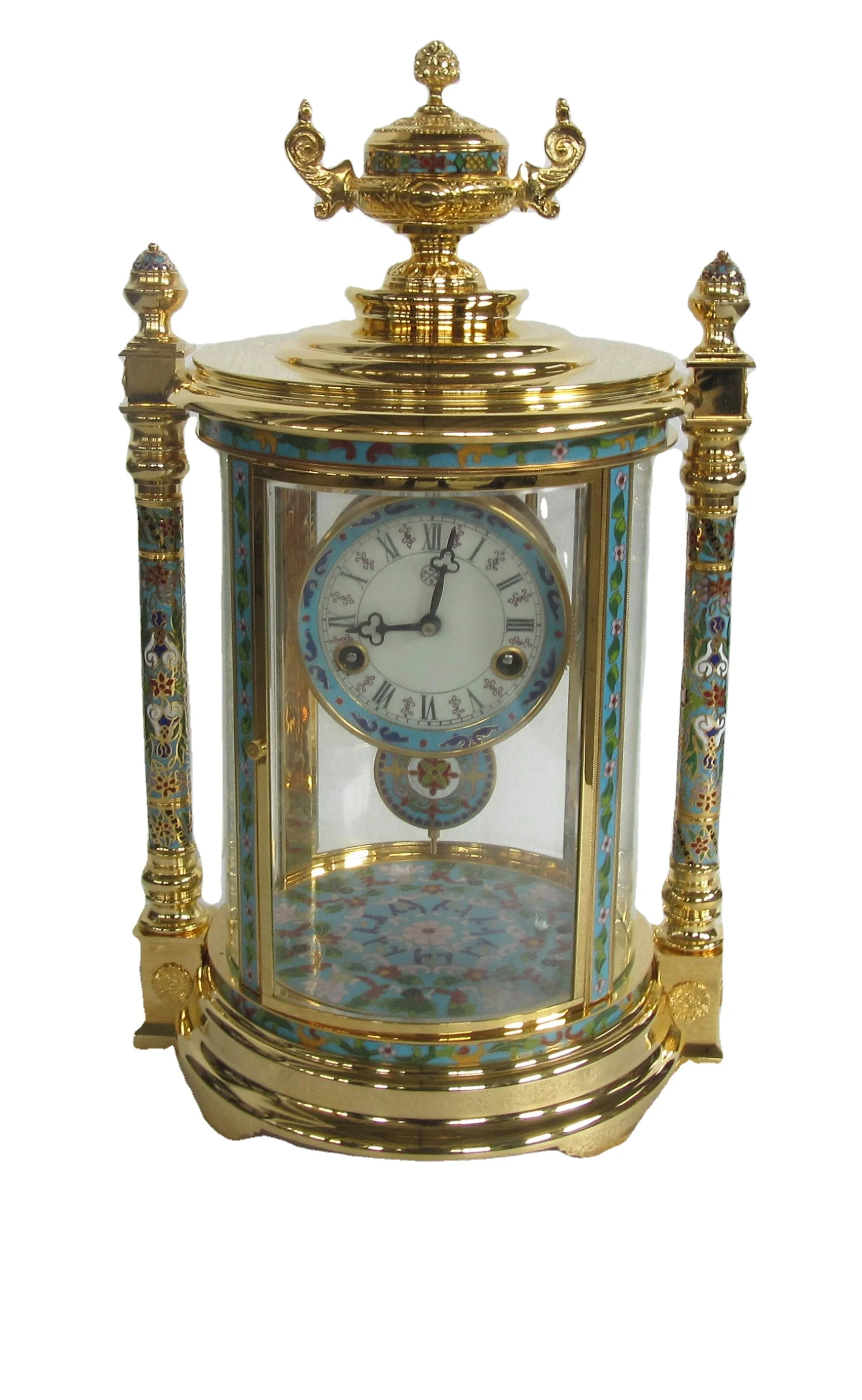 Pavilion Antique  French Style 15 Days  Brass Floral Flower Colorful Decor  Eagle Cloisonne Enamel Table/Desk Clock  Key Wind up