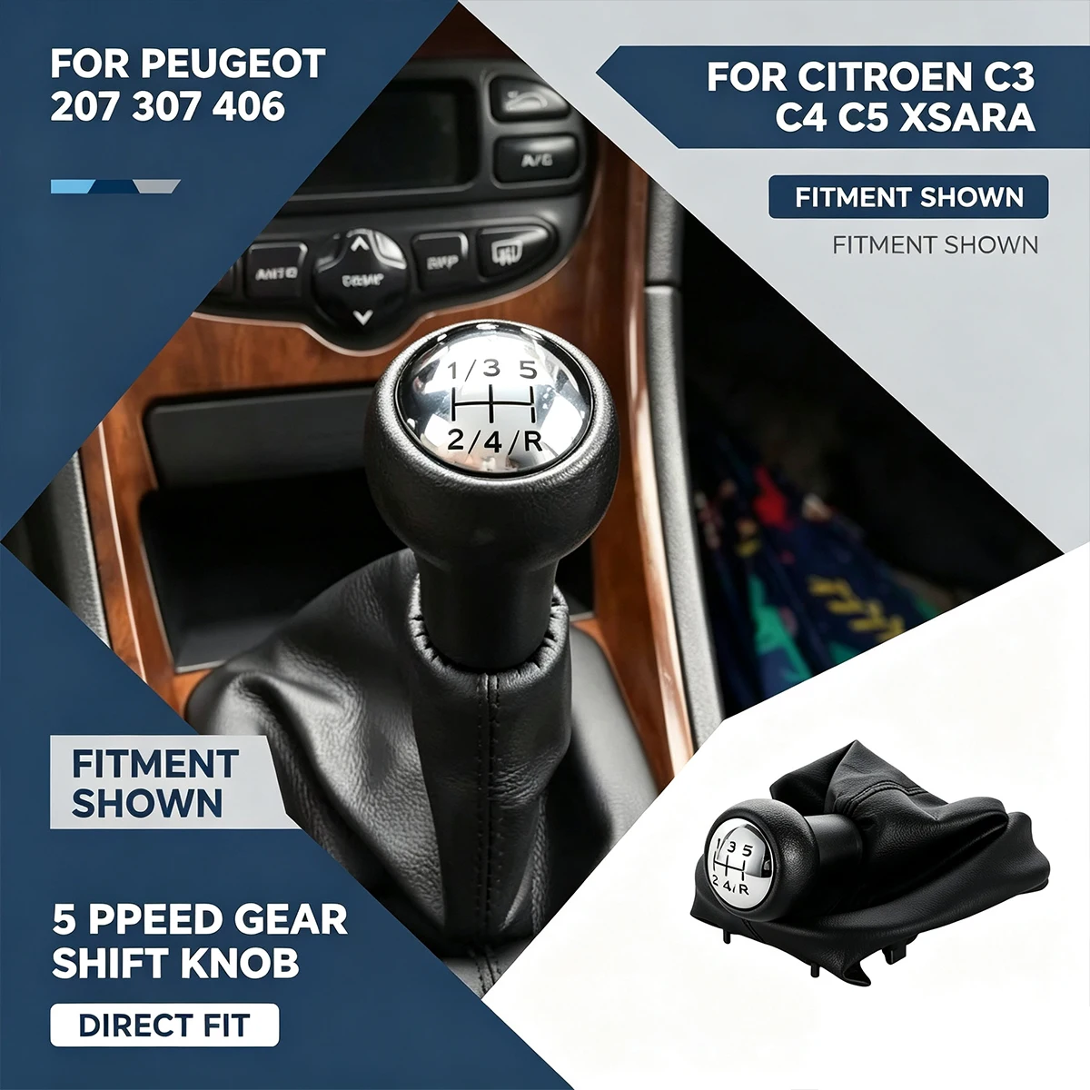 5 Speed Gear Shift Knob + Gaiter Boot for Peugeot 207 307 406 Citroen C3 C4 C5 XSARA - Direct Fit Shifter Lever Cover