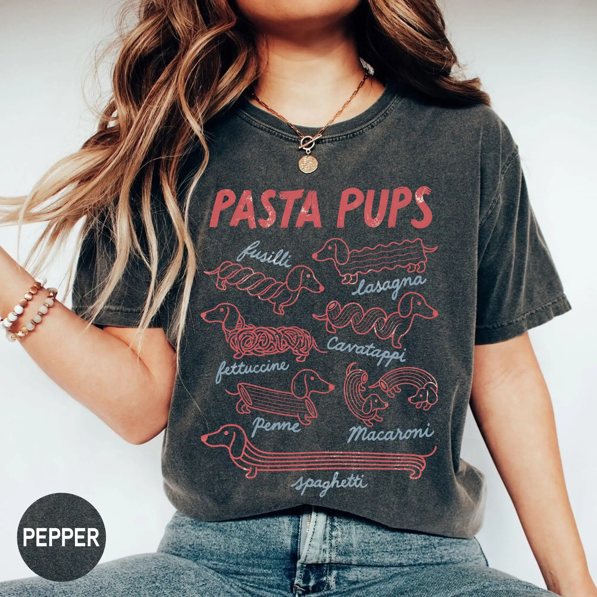 Pasta Pups Shirt, Lustiges Dackel-Spaghetti-Shirt, Geschenk für Italienische Feinschmecker – Detail 3