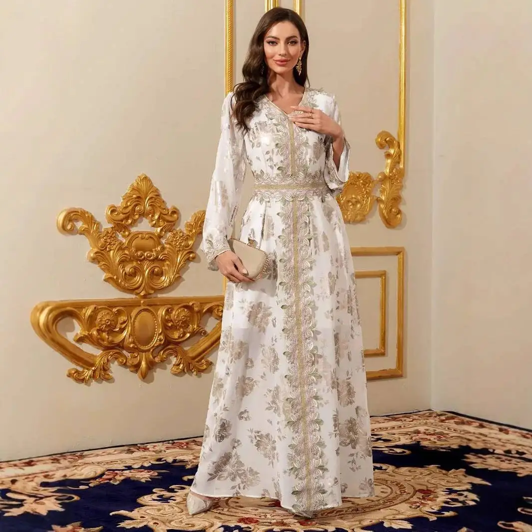 

Dubai Kaftan Dress Women's V-neck Long Sleeve Gown Arabic Lace Long Dress Robe Abaya Ramadan Dubai Luxury Islamic Elegant
