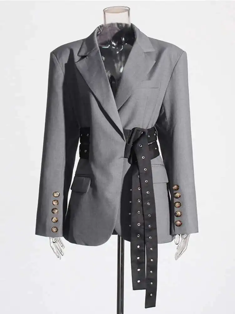 BJTZ Personalized Design Sense V-neck Versatile Women's 2025 New Minimalist Splicing Tie Up Waist Slimming Suit Jacket HL806