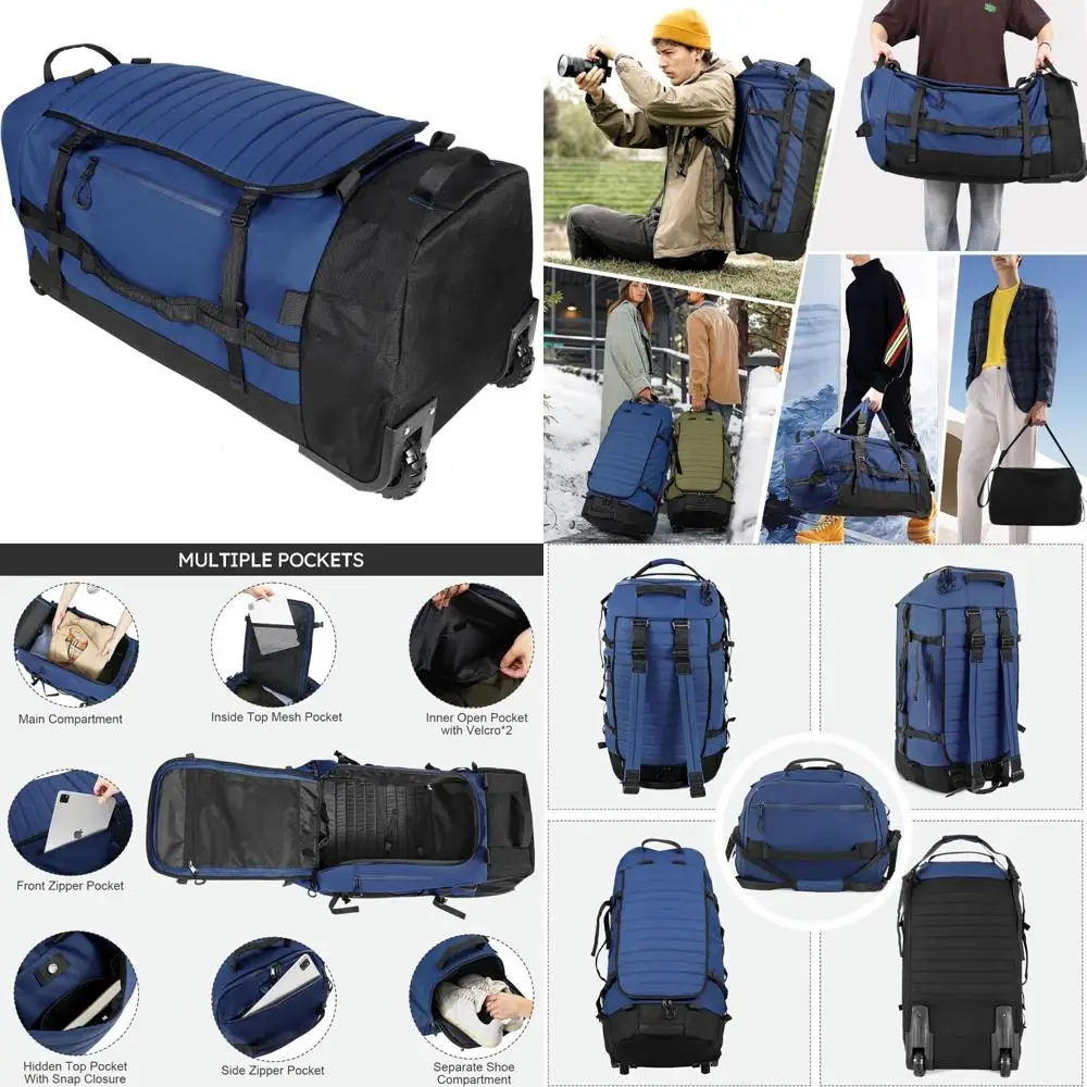 

Navy Blue 30 Inch 86L Folding Duffle Backpack with Wheels and Separate Shoe Compartment for Travel