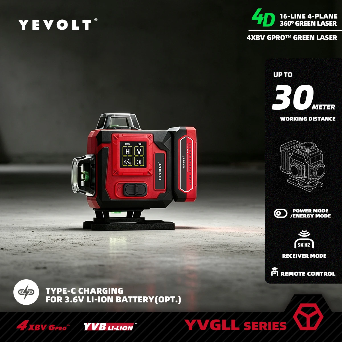YEVOLT Instrument laser autonivelant 4D vert 16 lignes pour les travaux de bricolage domestique, le moulage de carreaux d'entrée, l'alignement de cadres et la pose d'images