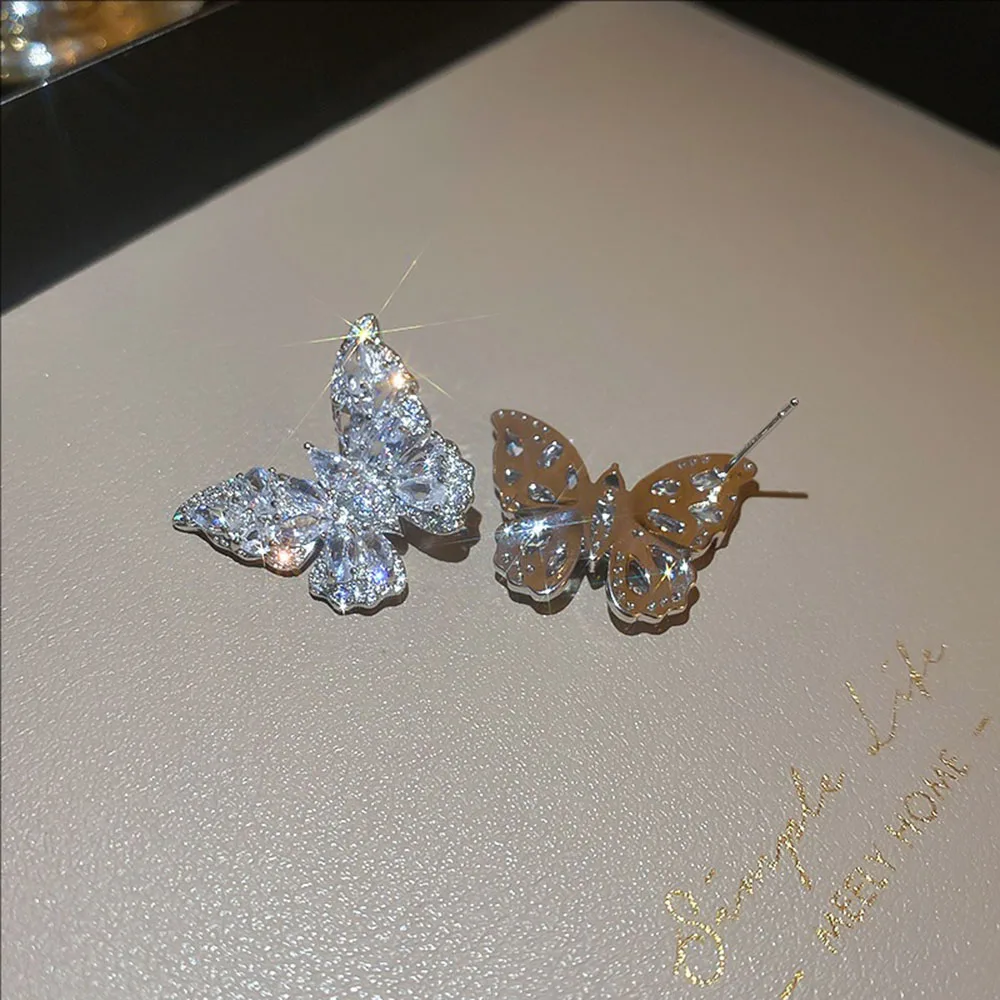 Silvery Needle Zircon Butterfly Stud Earrings Unique New Light Luxury And Fashionable High-end Jewelry For Women