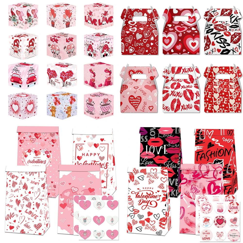 Valentine's Day Gift Bag Red Pink Candy Chocolate Packing Box Red Lip Love Printed Gift Box Valentine's Day Party Supplies Favor