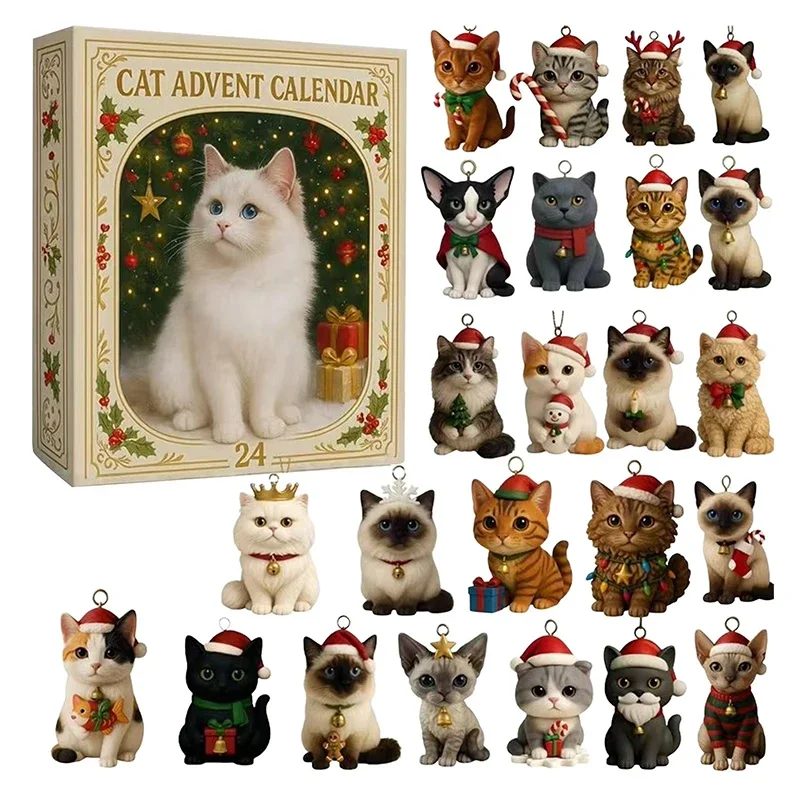 Katzen-Adventskalender 2026 24-Tage-Weihnachts-Countdown mit 24 Stück 2D-Acryl Niedliche Kätzchen-Baumdekoration für Weihnachten Katzenliebhaber-Geschenke