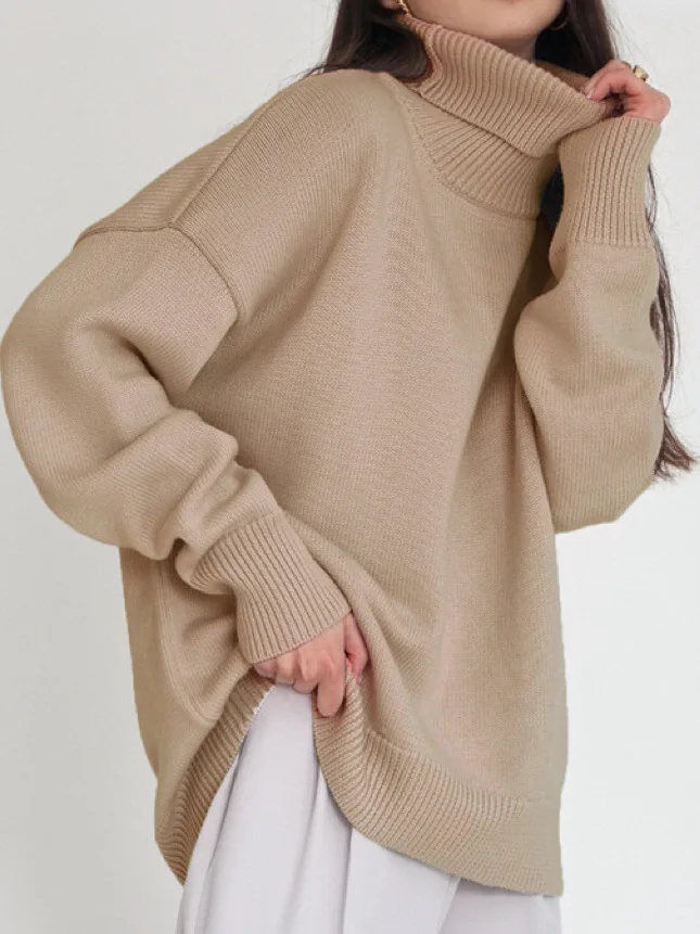 เสื้อสเวตเตอร์ถักไหมพรมสีพื้นทรงหลวม แขนยาว ผ้าโพลีเอสเตอร์ ความยาวปกติ สไตล์สตรีท